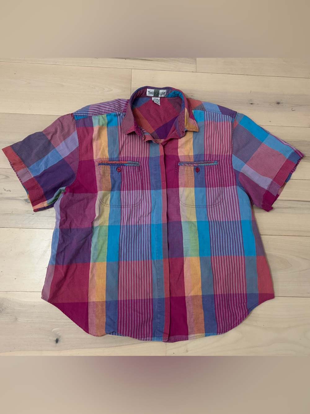 Vintage American Line Madras Plaid Button Up Shirt Size 20W 100% Cotton 80s/90s - Picture 5 of 14